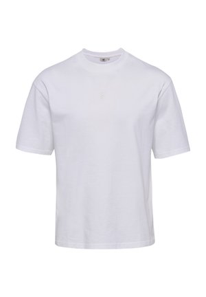 T-shirt blanc en coton à manches courtes avec encolure ronde et détail chevron subtil centré sur la poitrine.