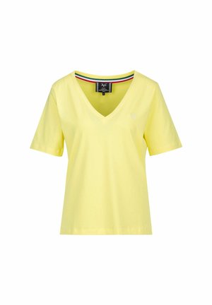 Geel V-hals T-shirt met korte mouwen, gemaakt van soepele stof. Met een gekleurde rand langs de halslijn en een subtiele logo op de borst.