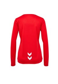 Rode langemouwen shirt met een ronde hals, voorzien van witte chevronaccenten aan de onderrug en een gestructureerde stof.