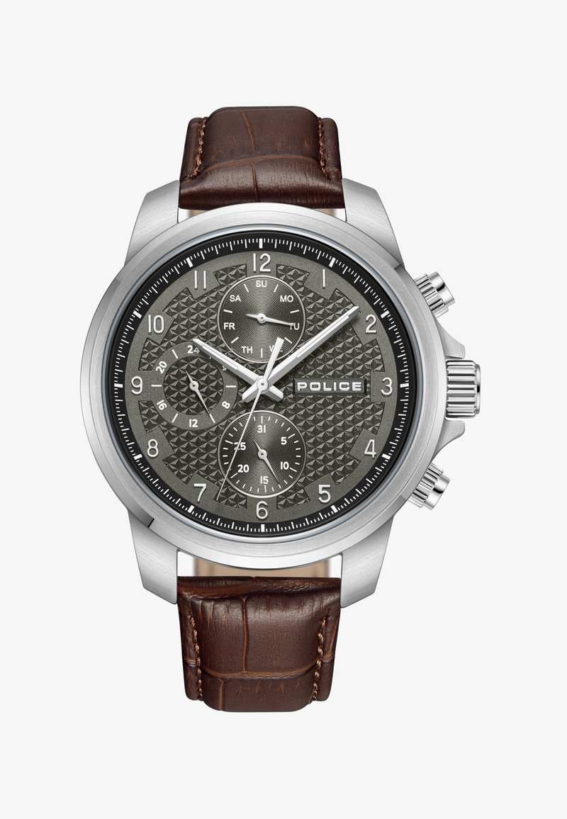 Orologio in acciaio inox argentato con quadrante grigio scuro testurizzato, cinturino in pelle marrone, funzionalità cronografo e display giorno/data.