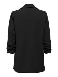 Blazer noir à manches longues avec manches froncées, col plié et ourlet droit vu de dos sur fond blanc.