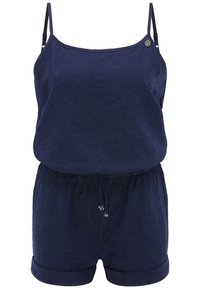 Romper bleu marine avec de fines bretelles spaghetti, légère fronce aux épaules, taille élastique et shorts retroussés. Tissu doux et texturé.