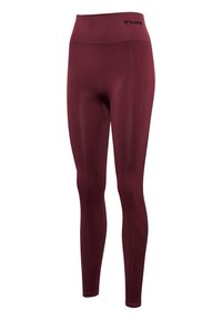 Bordeauxfarbene Leggings aus dehnbarem, glattem Stoff. Hoher Taillenbund mit Logodesign und gerippter Textur an den Seiten. Enganliegendes Design.