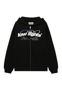 Sweat à zip noir avec une poche kangourou. Présente un texte multicolore "low lights" et les détails de production imprimés sur le devant.