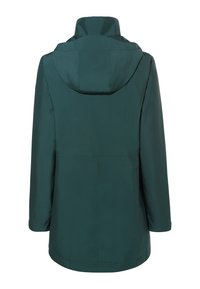 Groene waterdichte jas met een capuchon, met een rechte snit, lange mouwen en een gladde textuur. Geen zichtbare sluitingen of patronen.