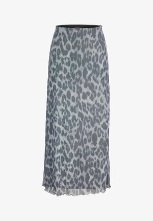 Dlouhá, průhledná sukně s šedým leopardím vzorem. Má černý pas a splývavou texturu, s lemem, který se mírně kroutí.