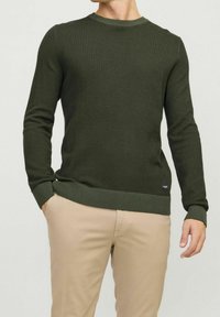 Pull en laine vert foncé avec un col rond, des poignets et un ourlet côtelés. Porté avec un pantalon beige clair, présentant des détails de texture subtils.