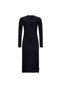 Geripptes schwarzes langärmliges Kleid mit rundem Ausschnitt, schmaler Silhouette, mittellangem Schnitt und einem Schlitzeinsatz an der Seite für Stil und Bewegungsfreiheit.