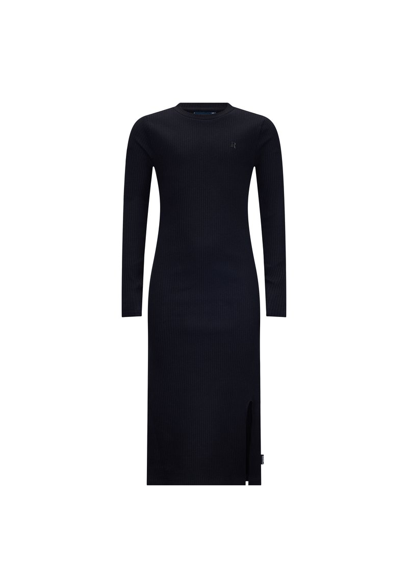 Geripptes schwarzes langärmliges Kleid mit rundem Ausschnitt, schmaler Silhouette, mittellangem Schnitt und einem Schlitzeinsatz an der Seite für Stil und Bewegungsfreiheit.