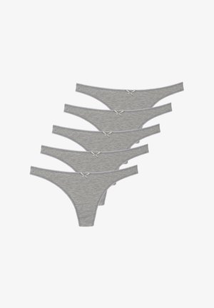 Fünf Paar graue Baumwoll-Tangas mit elastischen Kanten und einer kleinen dekorativen Schleife an der Vorderseite. Weicher Stoff und ein glattes Design.