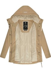 Tan outdoor jacket featuring a smooth interior lining, adjustable hood, and multiple snap closures. Includes an interior label with design details.