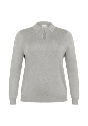 Pull en tricot gris clair à manches longues avec un petit col en forme de trou de serrure et un col pointu, doté de bords côtelés aux poignets et à l'ourlet.