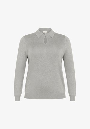 Helles grauer Langarm-Strickpullover mit einem kleinen Schlüsselloch-Ausschnitt und einem spitzen Kragen, mit gerippten Bündchen und Saum.