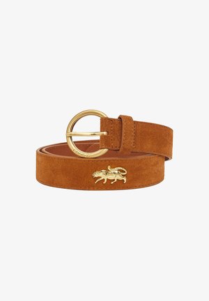 Brown suede belt with a circular gold metal buckle and a gold embossed leopard design on the strap. Smooth texture and sleek finish.