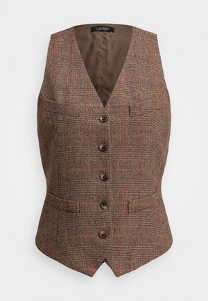Brown houndstooth vest with a V-neck, five buttons, and two front pockets. Accented with orange lines, lined in solid brown fabric.