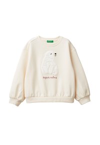 Kremowy sweatshirt wykonany z miękkiego materiału. Posiada teksturowany motyw polarnego niedźwiedzia oraz różowy napis "super cute" poniżej.