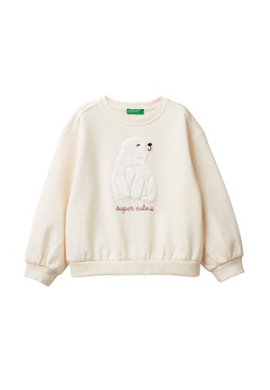 Kremowy sweatshirt wykonany z miękkiego materiału. Posiada teksturowany motyw polarnego niedźwiedzia oraz różowy napis "super cute" poniżej.