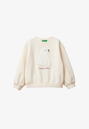 Crèmekleurige sweatshirt gemaakt van zachte stof. Heeft een textuurdesign van een ijsbeer en de tekst "super schattig" in het roze eronder.