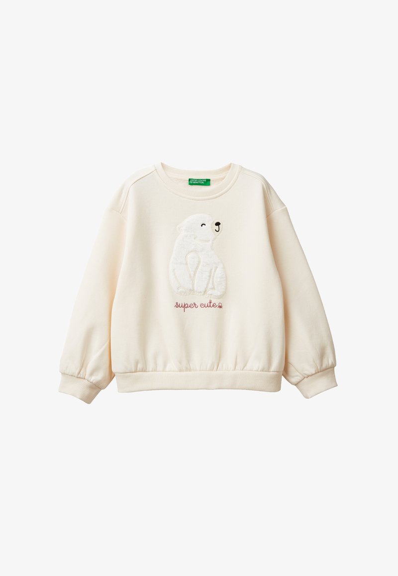 Sudadera color crema hecha de una tela suave. Presenta un diseño de oso polar texturizado y el texto "super lindo" en rosa debajo.