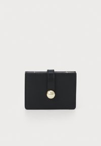 Black leather cardholder with a smooth texture, featuring a front flap, gold-tone button closure, and stitched edges for durability.