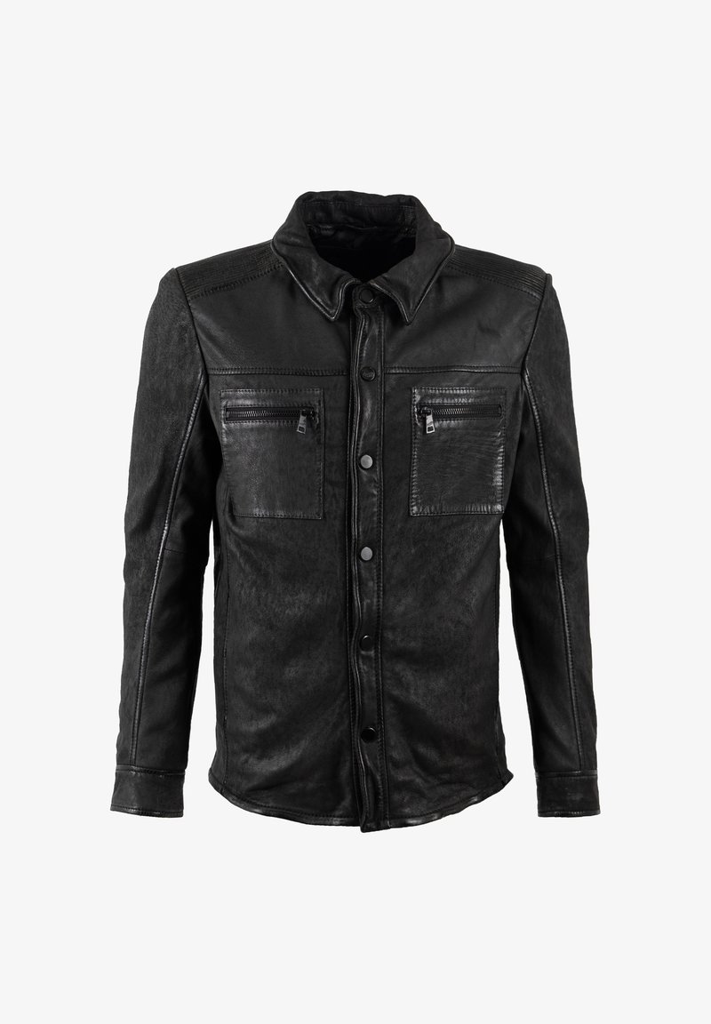 Giacca di pelle nera con collo, dotata di due tasche sul petto con zip e chiusura a bottone, texture liscia e design strutturato.