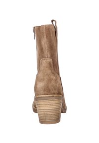 Brown suede ankle boot with a stacked heel, smooth texture, and a zipper closure at the back. Features a slightly tapered design.
