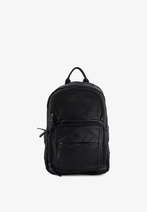 Schwarzer Leder-Rucksack mit mehreren Reißverschlussfächern und einem oberen Griff, vor weißem Hintergrund gezeigt.