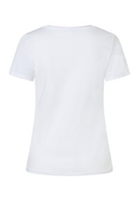 White cotton t-shirt, short sleeves, round neckline, smooth texture, clean design, no patterns or accents, back view shown.