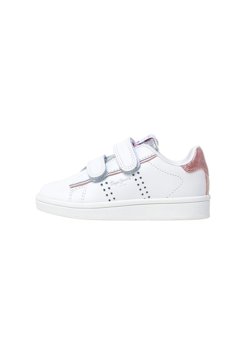 Sneaker bianche in pelle con due fasce adesive, motivo a stelle argentate, dettagli in glitter rosa e suola in gomma bianca texturizzata.