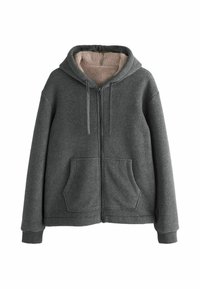 Felpa grigia con zip realizzata in tessuto morbido e testurizzato, con un interno foderato. Presenta un cappuccio con lacci e due tasche frontali.