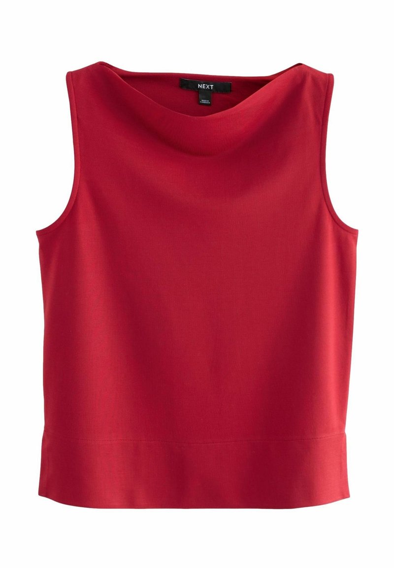 Blouse rouge sans manches avec un large col drapé et un ourlet droit, en tissu lisse, présentée à plat sur un fond blanc.