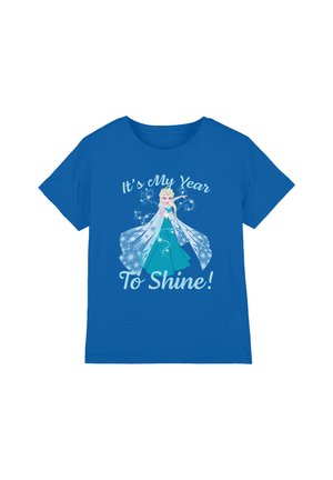Blue cotton T-shirt featuring a graphic of a character in a long dress, with the text "It's My Year To Shine!" above and accents of snowflakes.