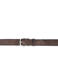 Bruine leren riem met een gladde textuur, voorzien van vijf gaten en een zilveren metalen gesp. De punt is taps toelopend voor een strakke afwerking.