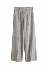 Pantalones de pierna ancha y talle alto en gris claro, con trabillas para cinturón y bolsillos delanteros, confeccionados en tela texturizada apta para ocasiones formales o informales.