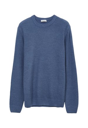 Pull en tricot bleu avec un col rond, des poignets côtelés et un motif texturé sur l'ensemble. Coupe décontractée et tissu de poids moyen.