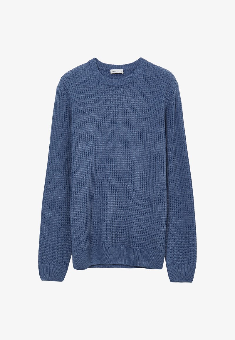 Blauer Strickpullover mit rundem Ausschnitt, gerippten Bündchen und strukturiertem Muster. Lockere Passform und mittelschwerer Stoff.