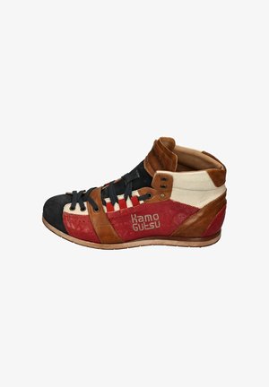 High-top sneaker featuring black, red, brown, and cream leather. Textured panels and black laces with a branded side detail.