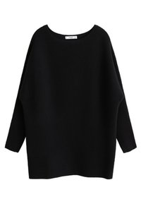 Pull noir oversize avec col rond, manches larges et tissu côtelé texturé. Présente un ourlet droit et une coupe ample.