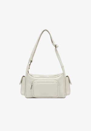 Light beige leather handbag with adjustable shoulder strap, front zip pocket, two side pockets, and smooth texture.