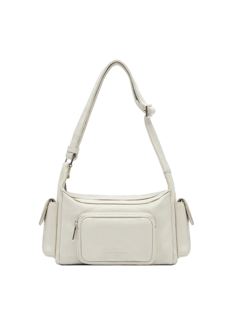 Borsa a mano in pelle beige chiaro con tracolla regolabile, tasca frontale con zip, due tasche laterali e superficie liscia.
