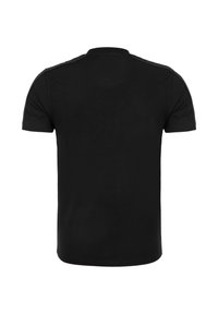 Czarny t-shirt z krótkim rękawem o jednolitym wzorze, z okrągłym dekoltem, miękkim materiałem i wzmocnionymi szwami na ramionach.