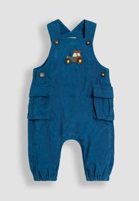 Zili korduroja kopuļi ar regulējamām plecu siksnām, divām priekšējām kabatām un izšūtu traktora dizainu uz krūtīm. Elastīgi kāju gali.