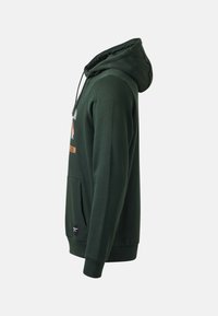 Ciemnozielona bluza z kapturem, przednią kieszenią typu kangur, ściągaczami na mankietach i częściowym graficznym logo na piersi, widoczna z boku.
