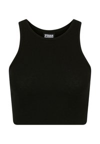Čierny rebrovaný crop top s okrúhlym výstrihom a bezrukávovým dizajnom, vyrobený z elastickej tkaniny pre komfort. Viditeľná značka Urban Classics.