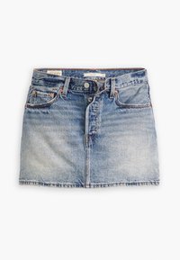 Jeans-Minirock in hellblauer Waschung. Verfügt über fünf Taschen, einen vorderen Knopf und Gürtelschlaufen. Gewerbliche Textur mit leichter Ausbleichung.