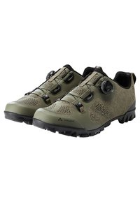 Scarpe da ciclismo resistenti con tomaia in rete verde oliva, dettagli neri, sistema di chiusura Boa e suola in gomma nera robusta per una buona trazione.