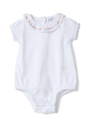 Body blanco para bebé con mangas cortas, cuello fruncido bordado con delicadas flores rosas y rojas, y botones a presión en la entrepierna.
