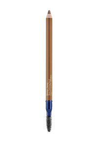 Brow defining pencil with a brown, smooth wooden body and a dark bristle spoolie brush at one end; features a pointed pencil tip for precision.