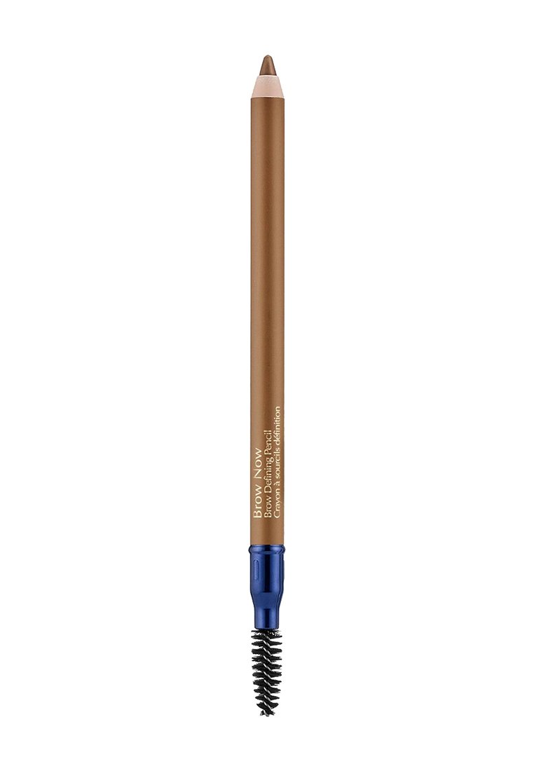 Brow defining pencil with a brown, smooth wooden body and a dark bristle spoolie brush at one end; features a pointed pencil tip for precision.