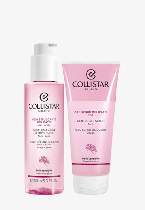 Blid makeup-fjernende olie og blid gel-scrub til sart hud fra Collistar i lyserøde flasker med sort tekst.